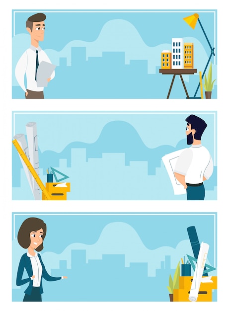 Gratis vector set van illustraties van architecten op het werk