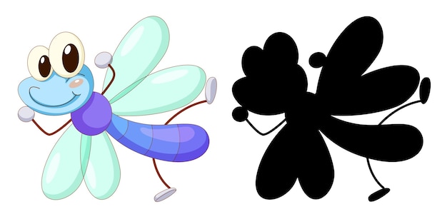 Gratis vector set van insect stripfiguur en zijn silhouet op witte achtergrond