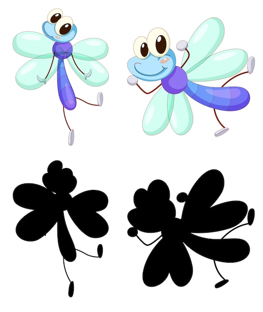 Gratis vector set van insect stripfiguur en zijn silhouet op witte achtergrond