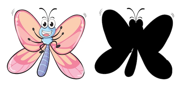 Gratis vector set van insect stripfiguur en zijn silhouet op witte achtergrond