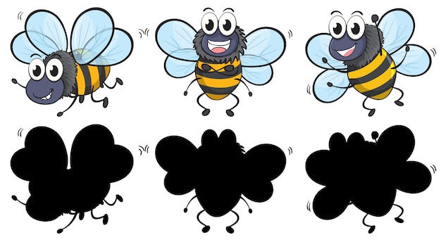 Gratis vector set van insect stripfiguur en zijn silhouet