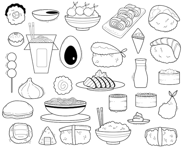 Gratis vector set van japans eten lijntekeningen schetst japans eten collectie