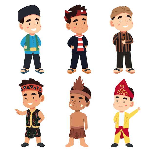 Gratis vector set van jonge indonesiërs die traditionele kostuums dragen