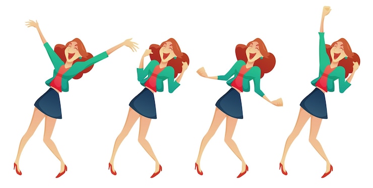 Gratis Vector set van jonge vrouw in verschillende houdingen met happy in cartoon vector