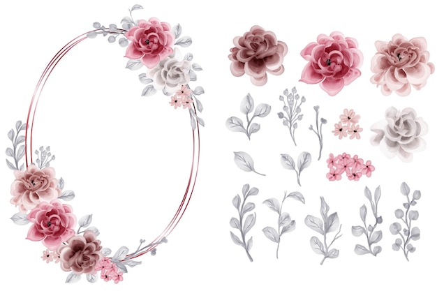 Set van kastanjebruin en bruin roze bloem geïsoleerd bloemen bladeren Clipart