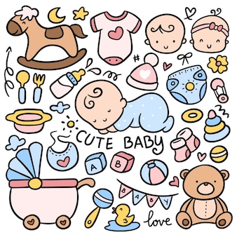 Set van kawaii babyspeelgoed en accessoires doodles