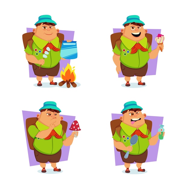 Gratis vector set van kleine cartoon wandelaar die ijs eet, paddenstoelen bekijkt, marshmallows roostert in brand