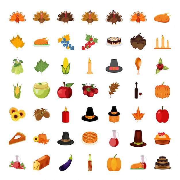 Set van kleurrijke cartoon iconen voor Thanksgiving Day.