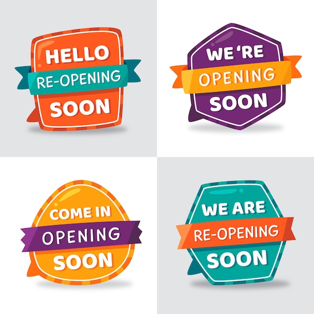 Gratis vector set van kleurrijke heropening binnenkort badges