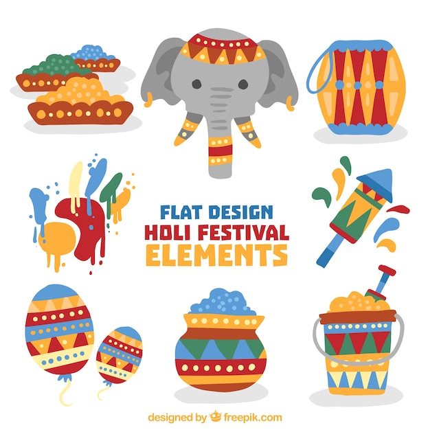 Gratis vector set van kleurrijke holifestival elementen in plat design