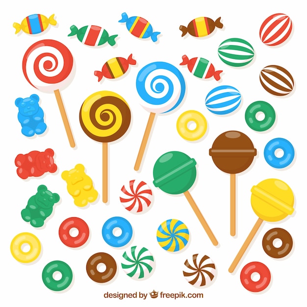 Gratis vector set van kleurrijke snoepjes in vlakke stijl