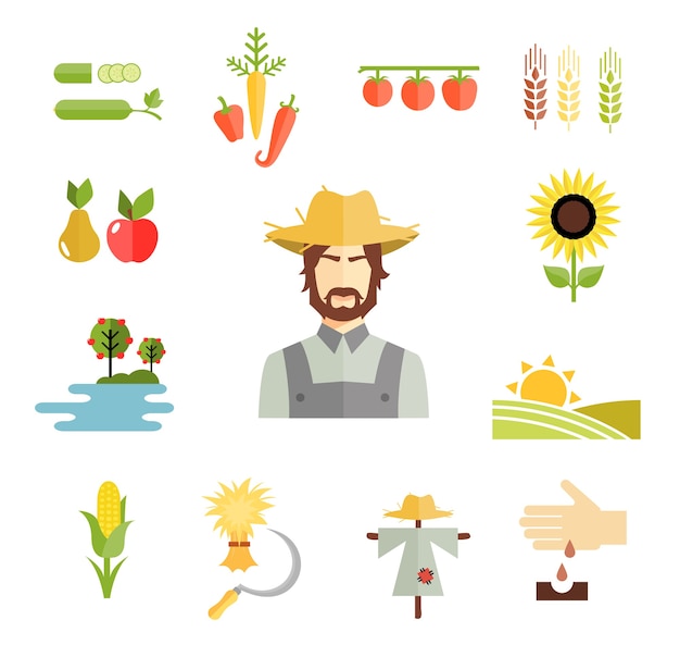 Gratis vector set van kleurrijke vector boerderij iconen voor het cultiveren van granen, groenten en fruit met een boer