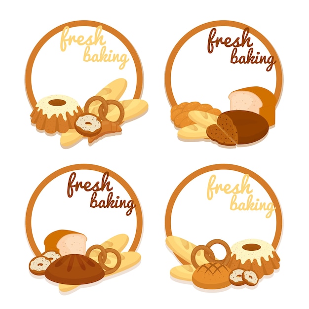 Set van kleurrijke vector Fresh Baking prijs badges met ronde frames die copyspace omsluiten