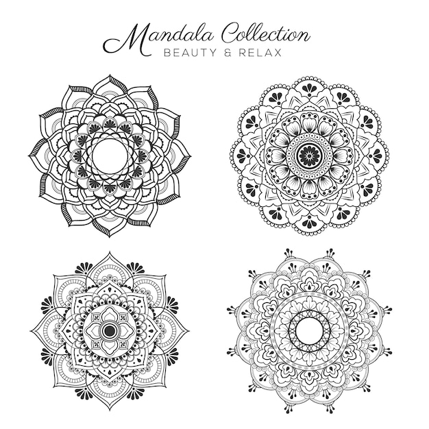 Set van mandala decoratieve en sier ontwerp voor kleurplaat, wenskaart, uitnodiging, tattoo, yoga en spa symbool