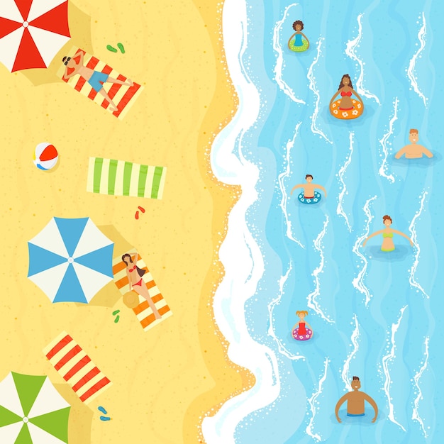 Set van mannen en vrouwen met kinderen zwemmen in het water en zonnebaden op het zand zee of oceaan strand en Premium Vector