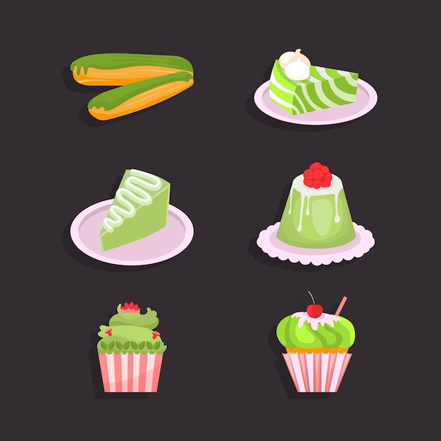 Gratis vector set van matcha dessert geïsoleerd op donkere achtergrond