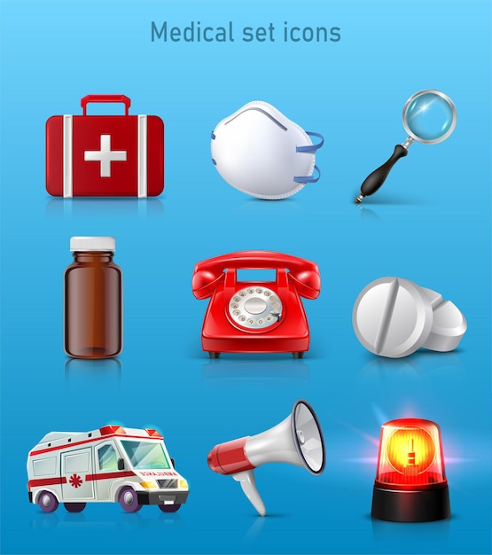 Gratis vector set van medische pictogrammen ehbo-kit tas masker vergrootglas pil fles rode telefoon pillen