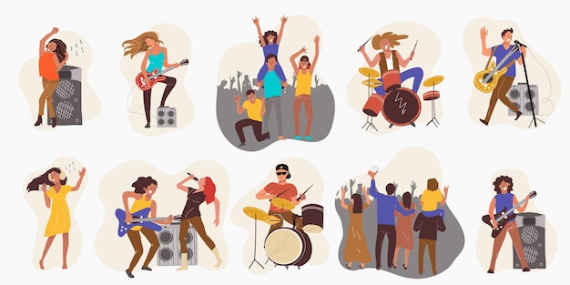 Gratis vector set van mensen die rockmuziek spelen en luisteren en dansen op concerten geïsoleerde platte vectorillustratie