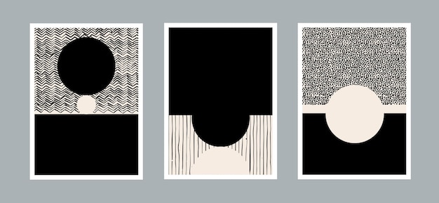 Set van moderne minimale abstracte esthetische sjabloon met primitieve vormen elementen stippen lijn Premium Vector