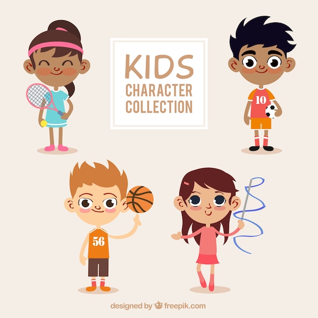 Gratis vector set van mooie kinderen met sportieve elementen