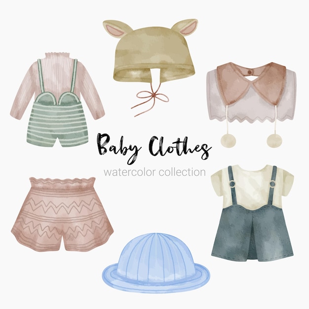 Set van mooie losse onderdelen van kleding, babyartikelen en speelgoed in aquarellen