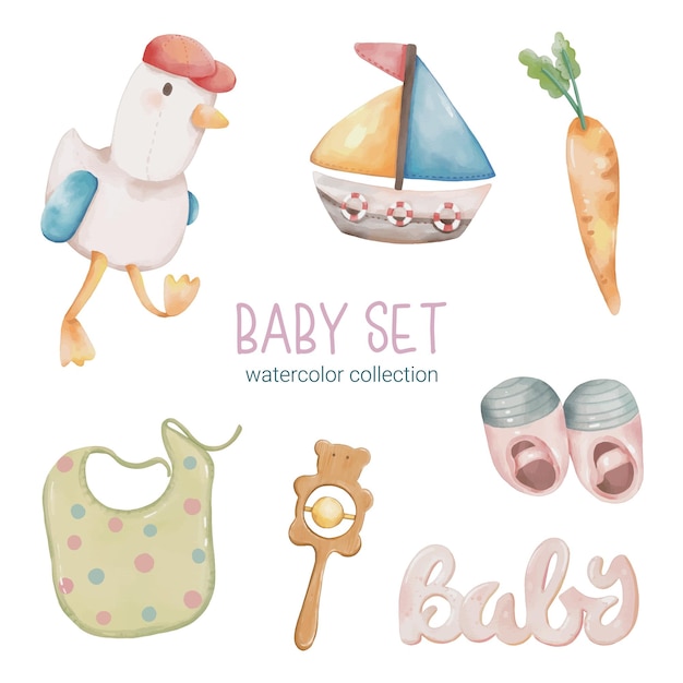 Set van mooie losse onderdelen van kleding babyspullen en speelgoed in aquarelkleuren