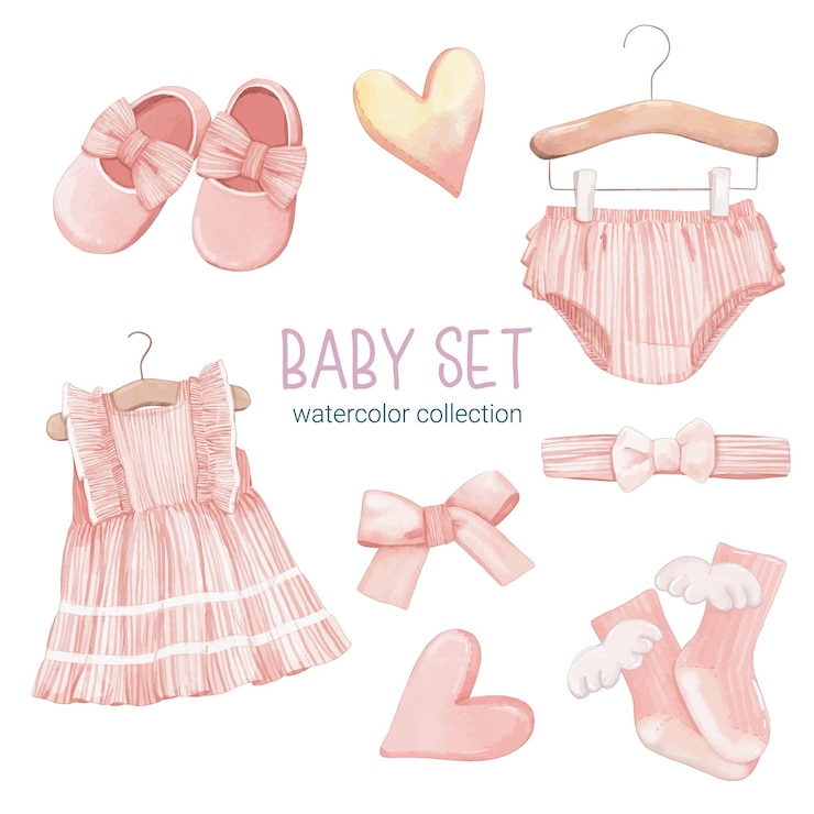 Set van mooie losse onderdelen van kleding babyspullen en speelgoed in aquarelkleuren