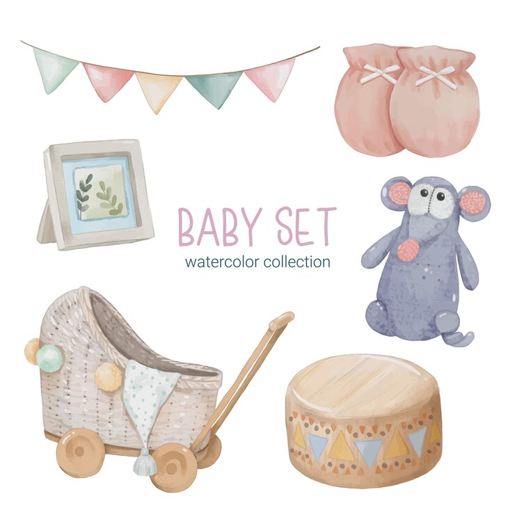 Set van mooie losse onderdelen van kleding babyspullen en speelgoed in aquarelkleuren
