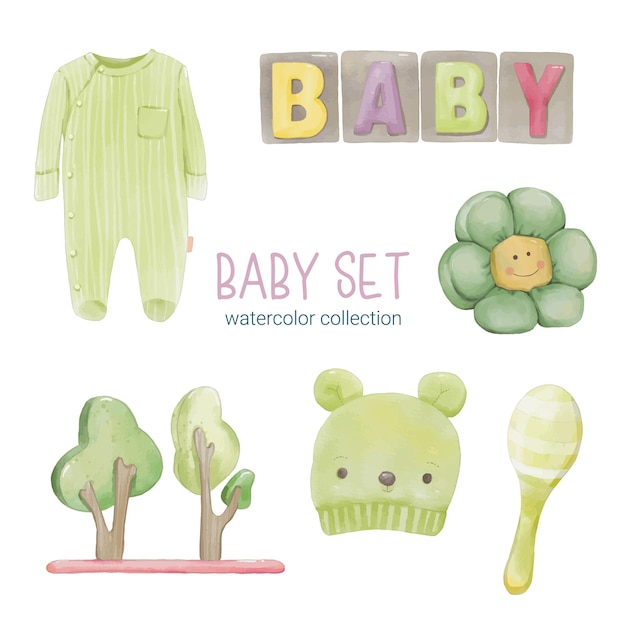 Set van mooie losse onderdelen van kleding babyspullen en speelgoed in aquarelkleuren