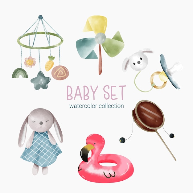 Gratis vector set van mooie losse onderdelen van kleding babyspullen en speelgoed in aquarelkleuren