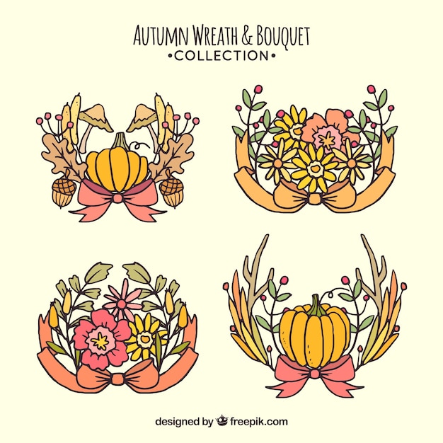 Gratis vector set van natuurlijke hand getekende herfstkrans