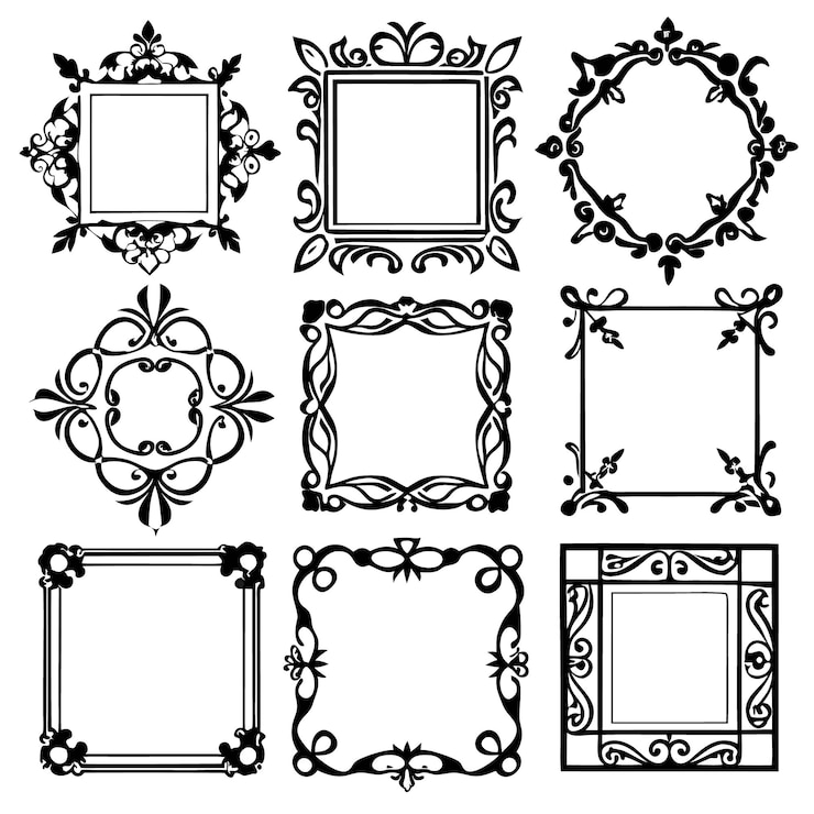 Gratis Vector set van negen sierlijke zwart-witte frames