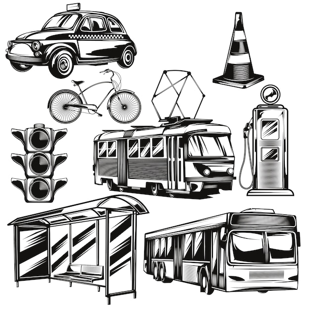 Set van openbaar vervoer en delen van de wegelementen