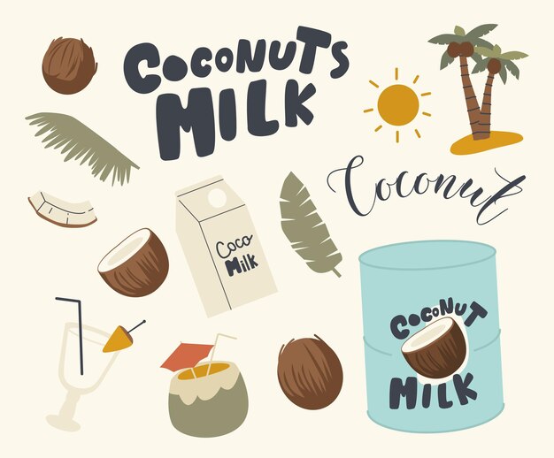 Set van pictogrammen kokosmelk thema. Cocktail met stro en paraplu, palmbladeren, pakje met drank en blikje met kokosmelk