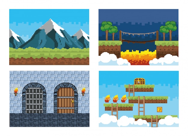 Gratis vector set van pixelated videogame scène