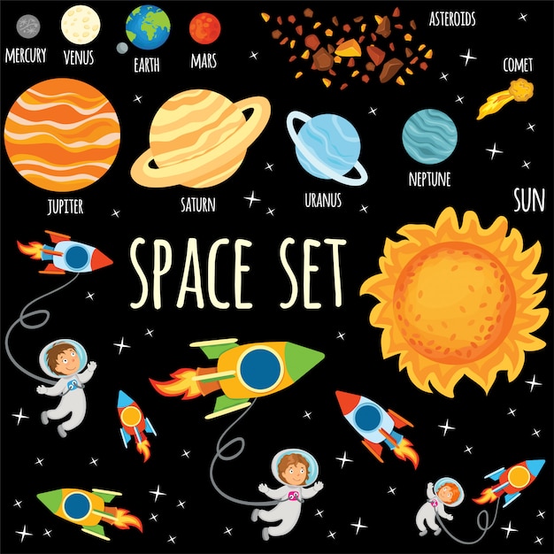 Set van planeten en astronauten in de ruimte.