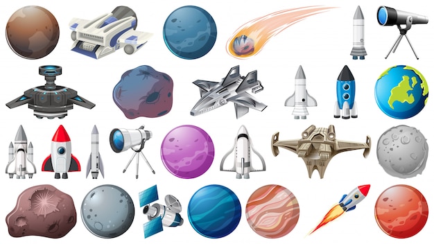 Gratis vector set van planeten, raketten en ruimtebehoeften