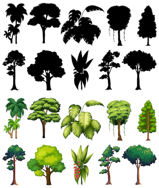 Gratis vector set van plant en boom met zijn silhouet