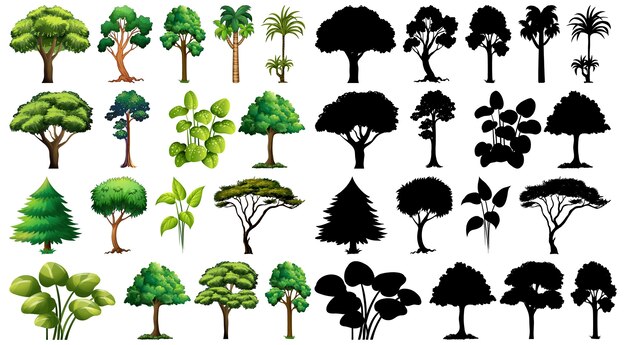 Set van plant en boom met zijn silhouet