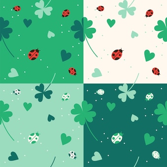 Set van platte schattige minimale lady bug klaver blad vector patroon ontwerp witte donker groene achtergrond edit