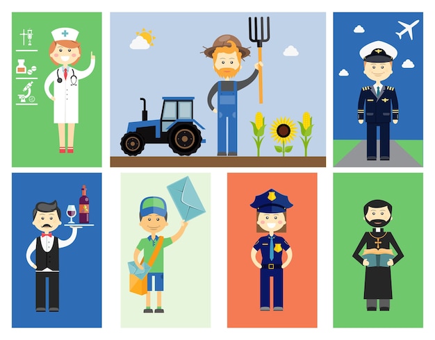 Gratis vector set van professionele karakters voor mannen en vrouwen met kleurrijke vector iconen van een arts of verpleegkundige boer met een tractor en zonnebloemen piloot ober of wijn rentmeester postbode politieagente en priester