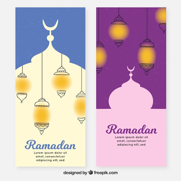 Gratis vector set van ramadan banners met lampen