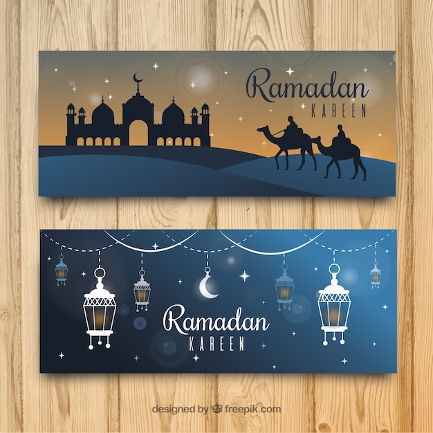 Gratis vector set van ramadan banners met moskee en ornamenten