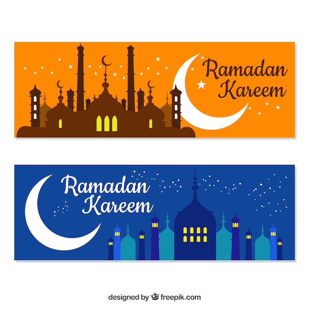 Gratis vector set van ramadan banners met moskeeën in vlakke stijl