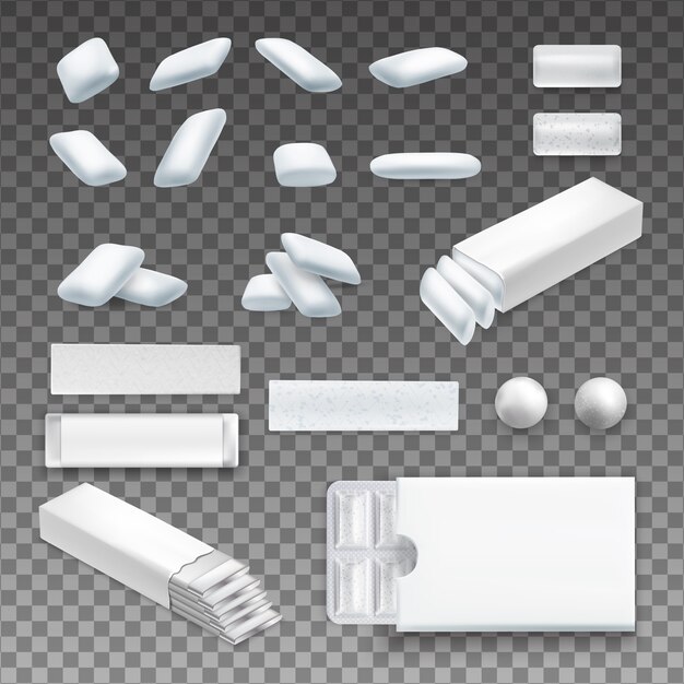 Set van realistische kauwgom van verschillende vorm in witte kleur op transparante geïsoleerd