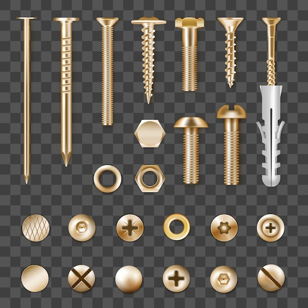 Gratis vector set van realistische metalen gouden bevestigingsmiddelen geïsoleerd op transparant