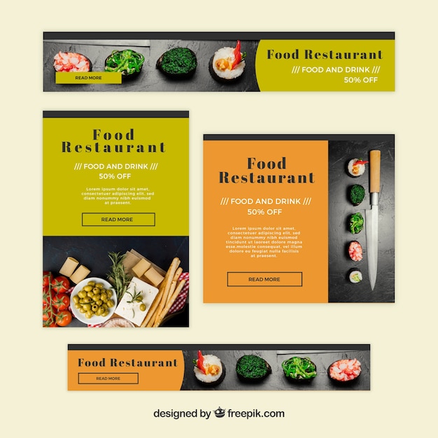 Gratis vector set van restaurant banners met foto