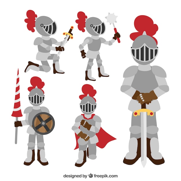 Gratis vector set van ridder in verschillende houdingen in vlakke vormgeving