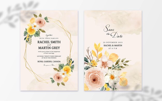 Set van rustieke bloem aquarel bloemen met abstracte vlek huwelijksuitnodiging