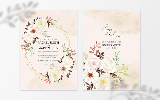Set van rustieke witte aquarel bloem met abstracte vlek huwelijksuitnodiging